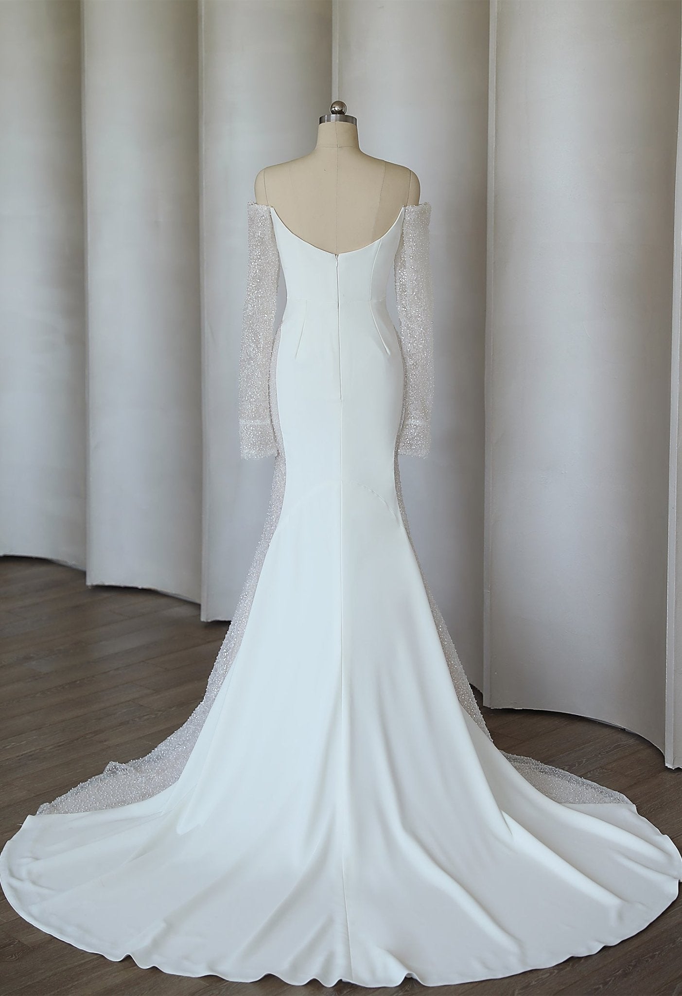 KEMI long sleeve off - the - shoulder crepe and lace - Reflections Bridal Studio