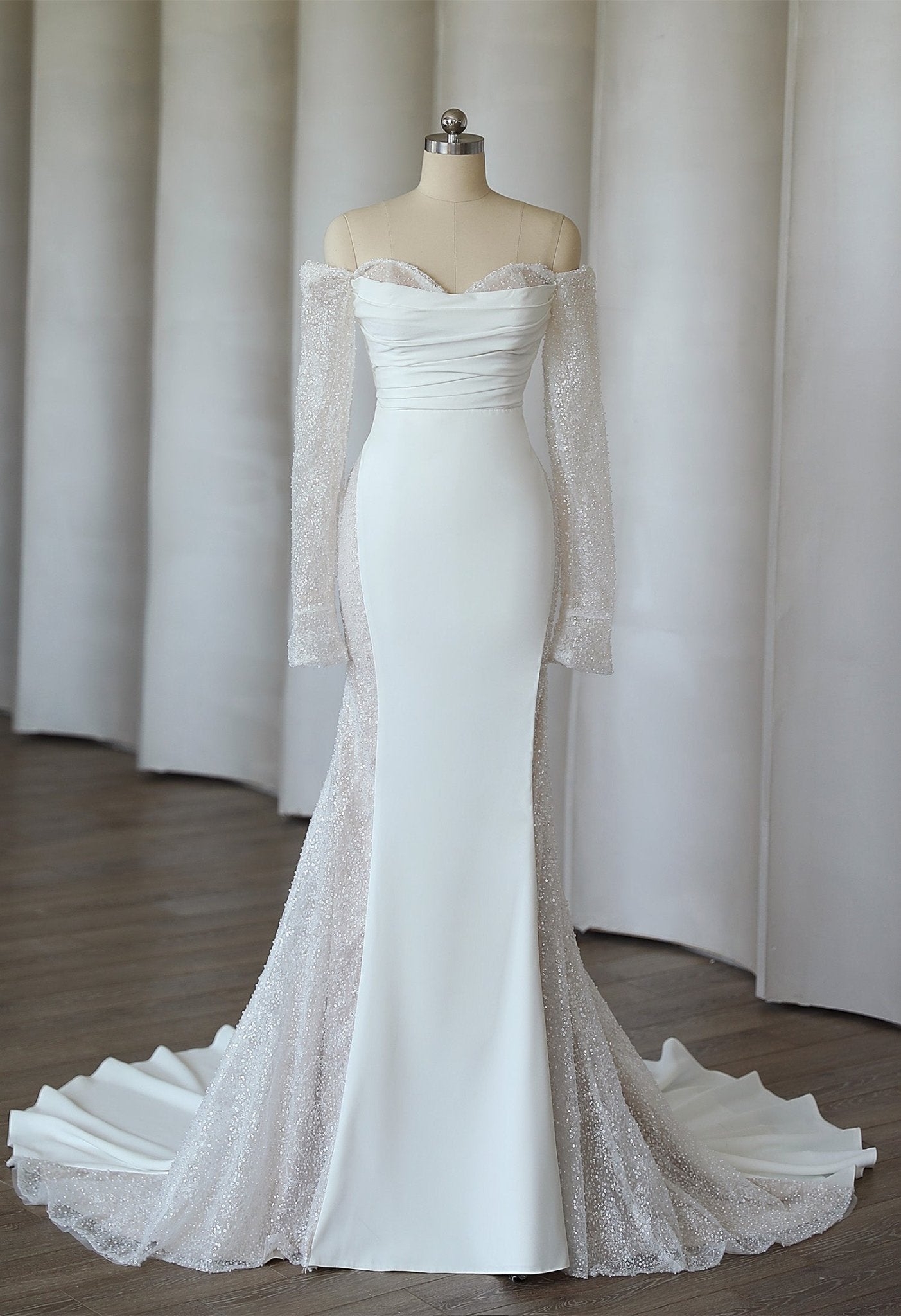 KEMI long sleeve off - the - shoulder crepe and lace - Reflections Bridal Studio