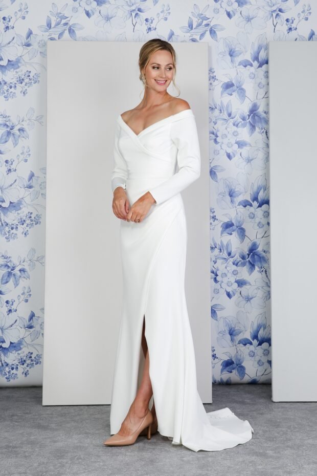 LARINA Jersey pleated bodice off - the - shoulder neckline - Reflections Bridal Studio