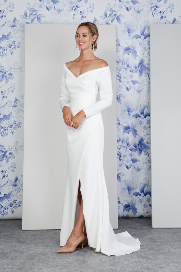 LARINA Jersey pleated bodice off - the - shoulder neckline - Reflections Bridal Studio