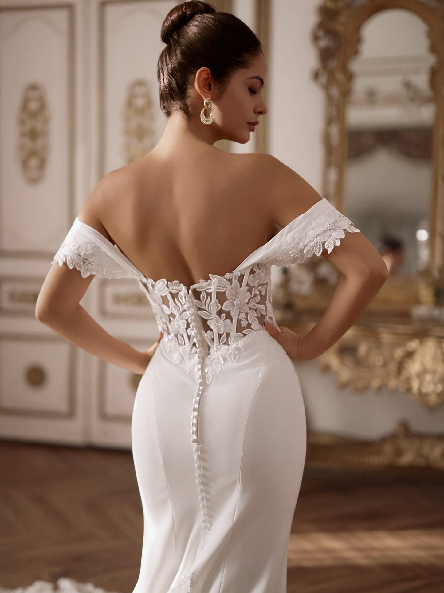 LILIAN Crepe fitted gown with lace detail - Reflections Bridal Studio