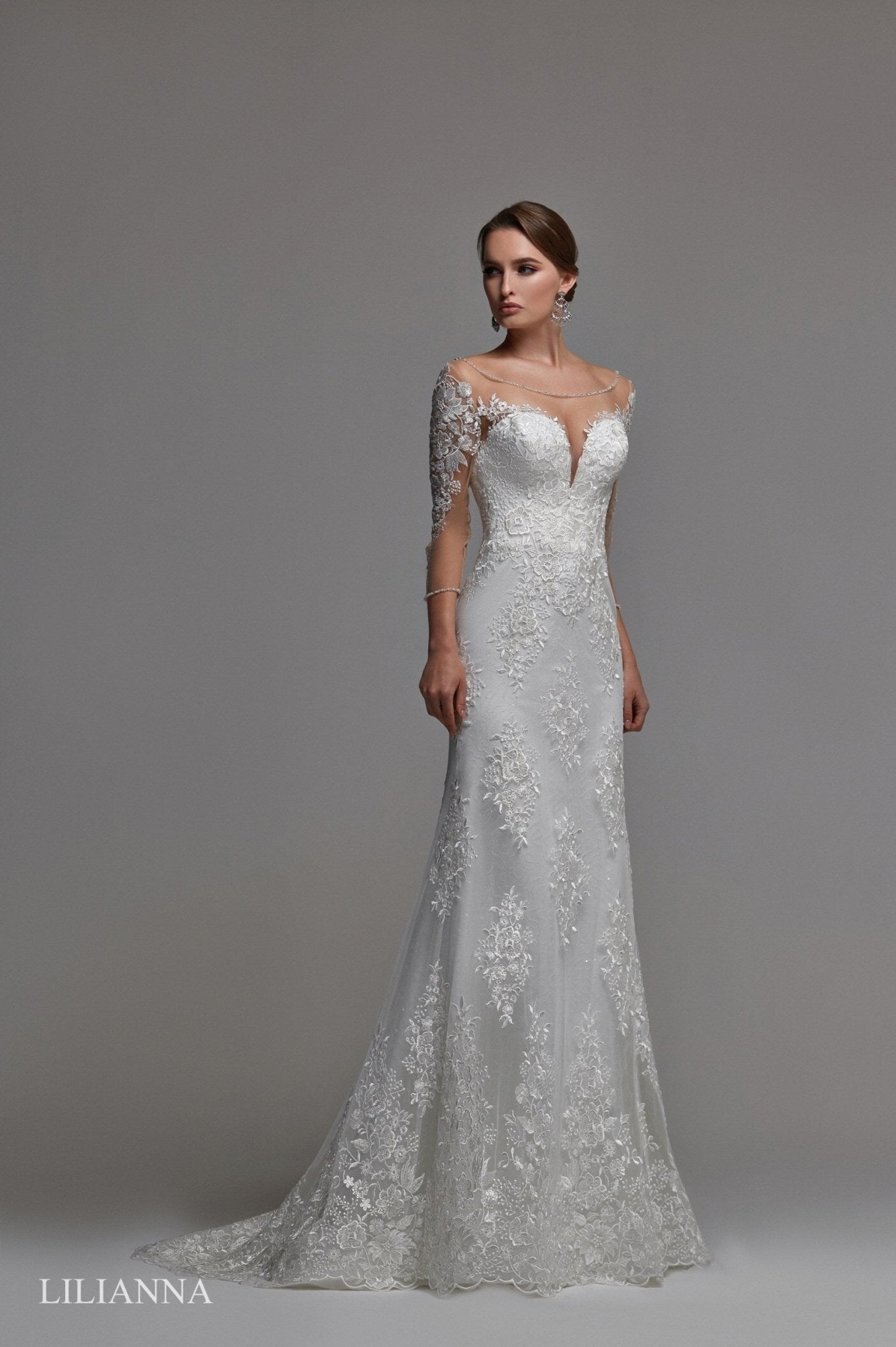 LILIANNA - Beaded lace slim A - line with long illusion sleeves - Reflections Bridal Studio
