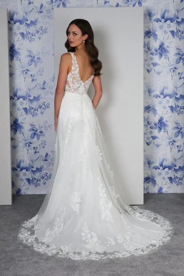 Livia skinny A - line lace over satin V - neckline. Lace illusion back - Reflections Bridal Studio