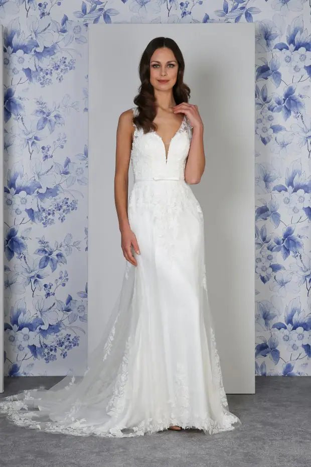 Livia skinny A - line lace over satin V - neckline. Lace illusion back - Reflections Bridal Studio