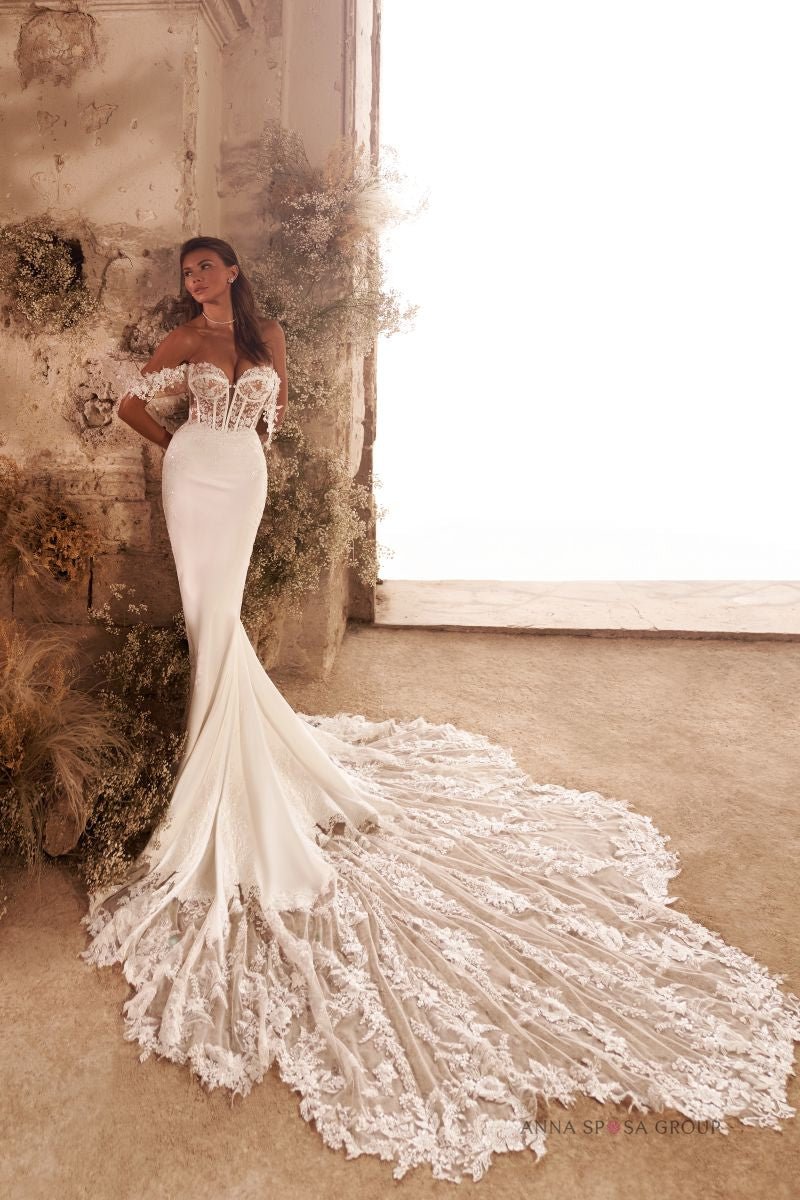 LUELLA Matte Lace and crepe fitted gown with corset bodice - Reflections Bridal Studio