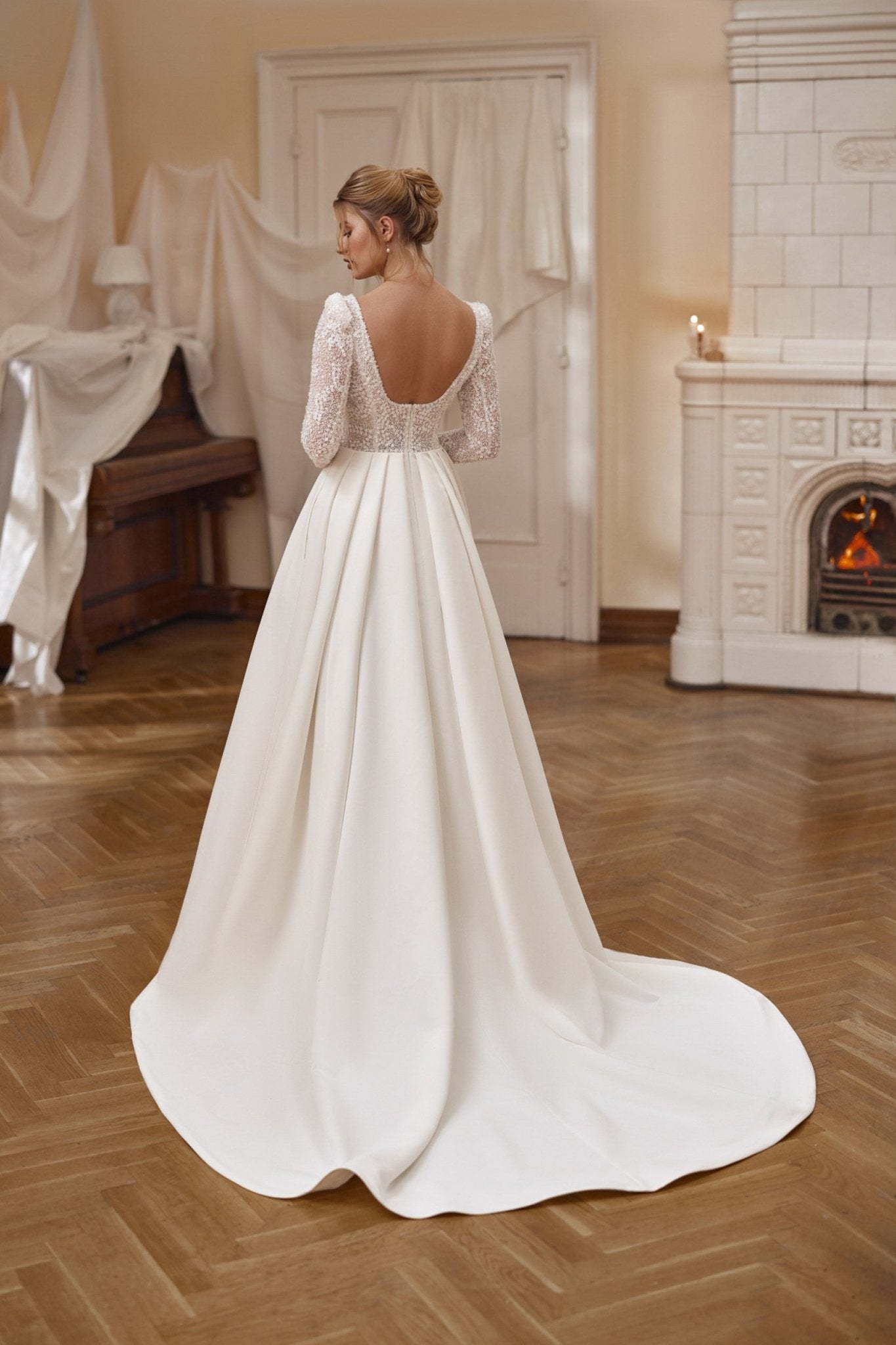 MARTA - Fine beaded lace bodice with square neckline. Long sleeves Pockets - Reflections Bridal Studio