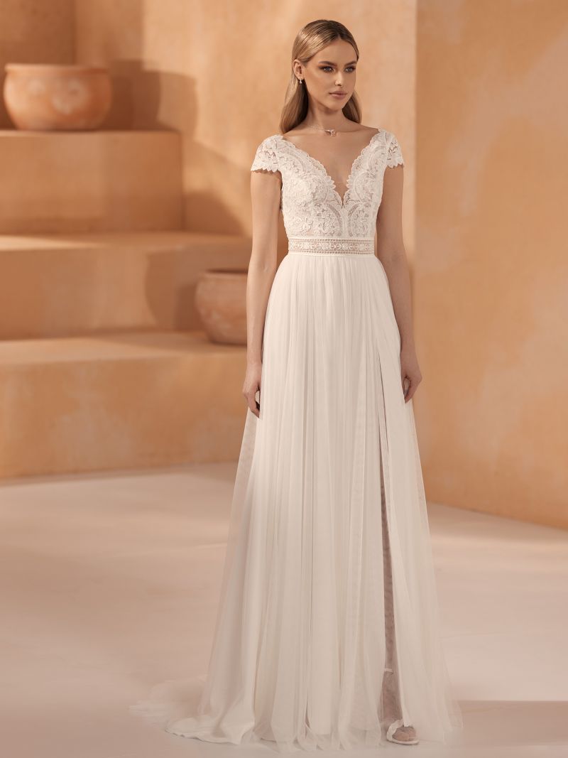 MOLI A - line, lace bodice with cap sleeve - Reflections Bridal Studio
