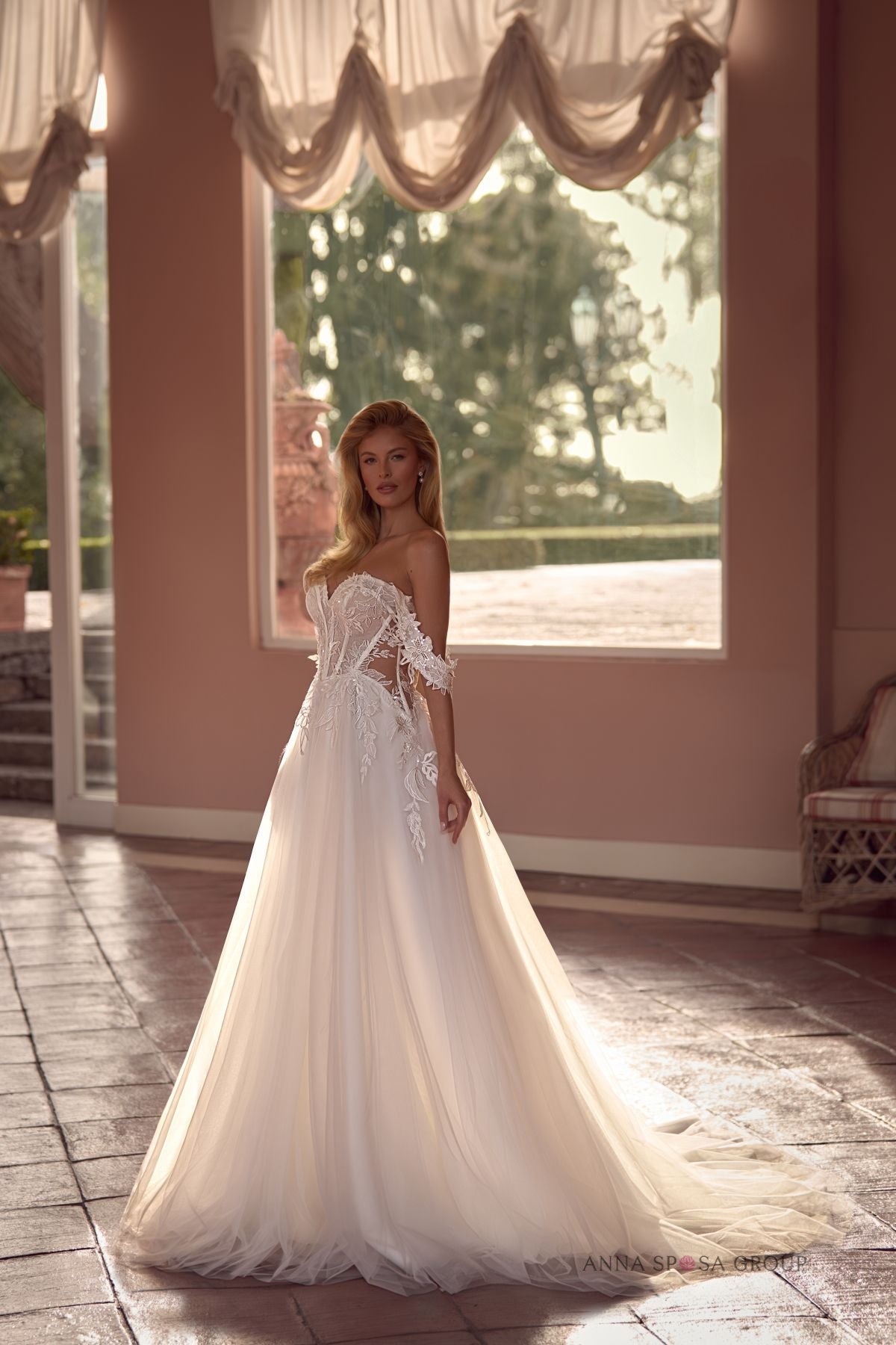 NIGELLA A - line gown Off - the - shoulder straps floral lace - Reflections Bridal Studio