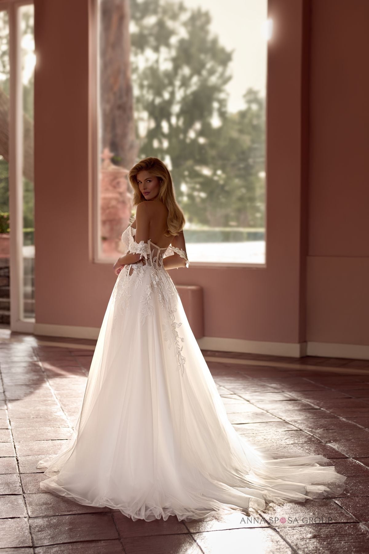 NIGELLA A - line gown Off - the - shoulder straps floral lace - Reflections Bridal Studio