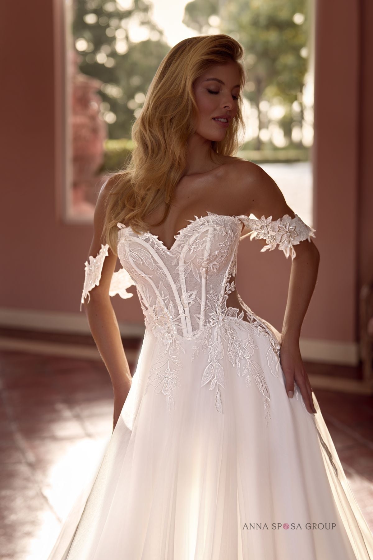 NIGELLA A - line gown Off - the - shoulder straps floral lace - Reflections Bridal Studio