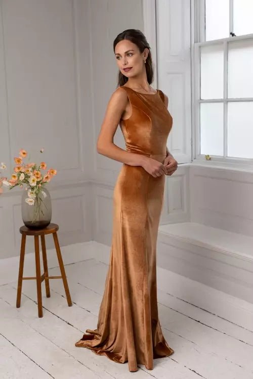 PEARL Velvet boat neckline, deep V back - Reflections Bridal Studio