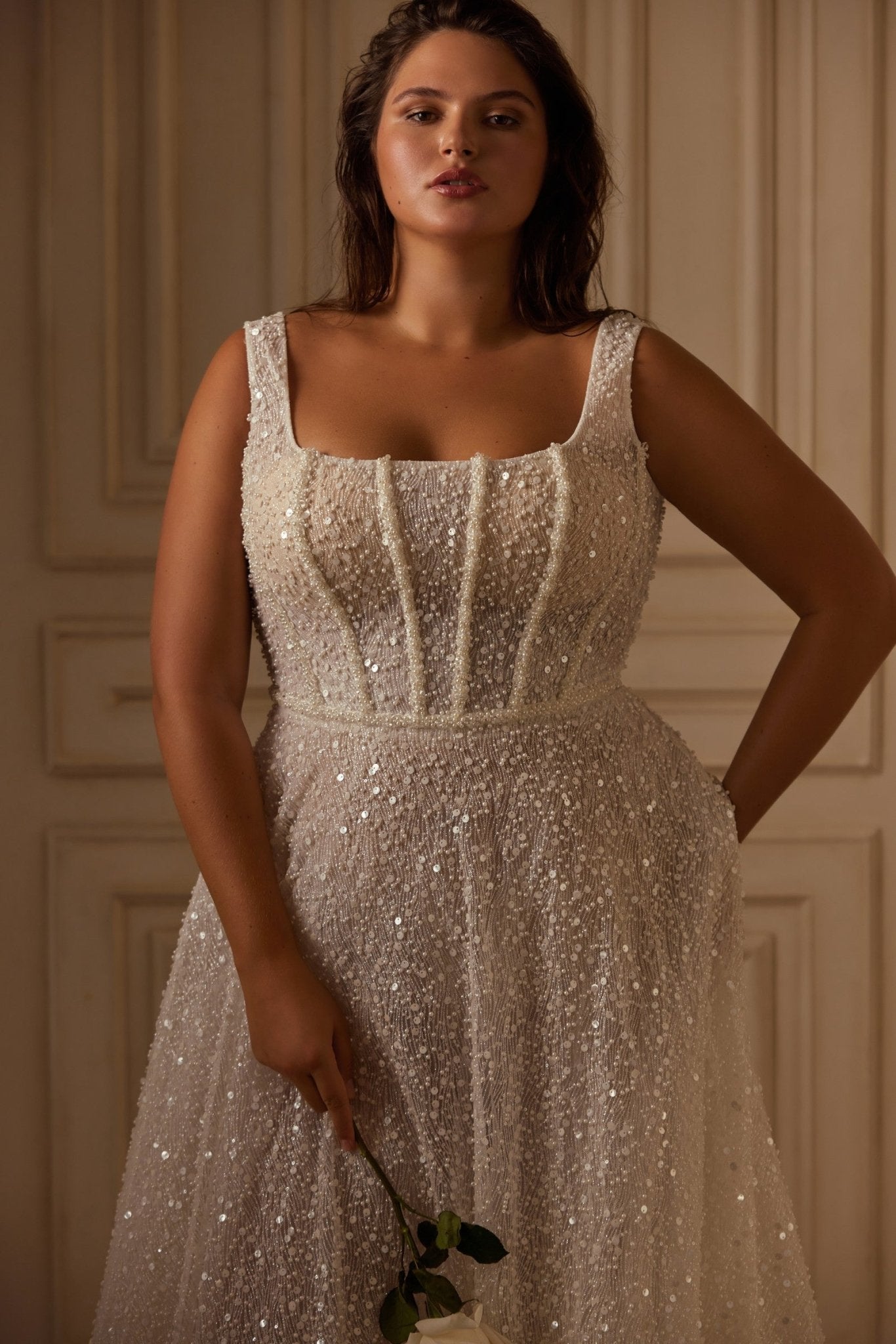 PHOENIX All over sparkle with square neckline and A - line skirt - Reflections Bridal Studio