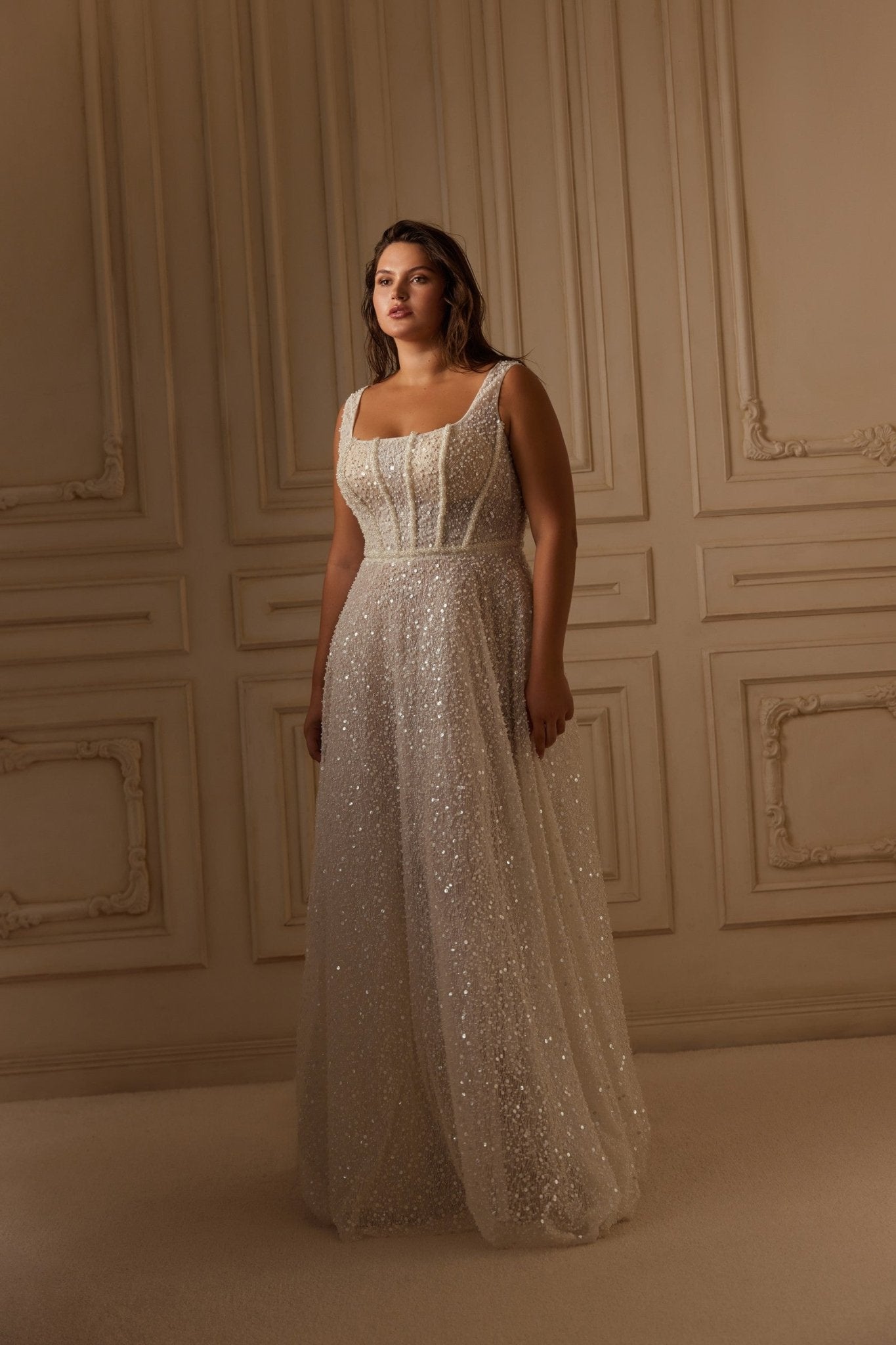 PHOENIX All over sparkle with square neckline and A - line skirt - Reflections Bridal Studio