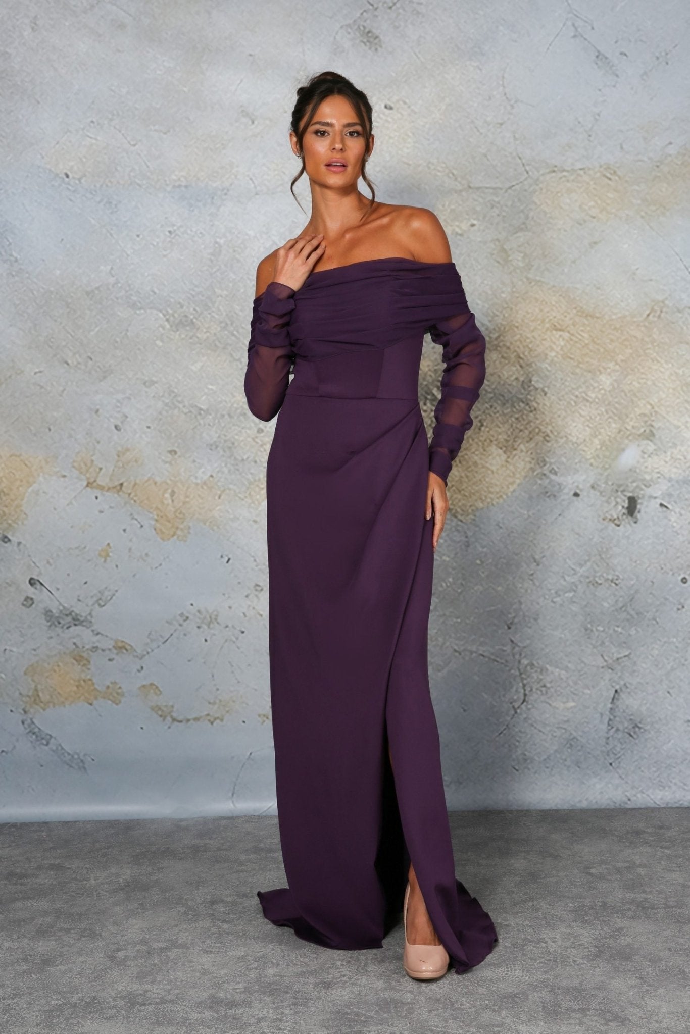 RDM1337 Jersey bridesmaid with bardot chiffon neckline – Reflections Bridal Studio