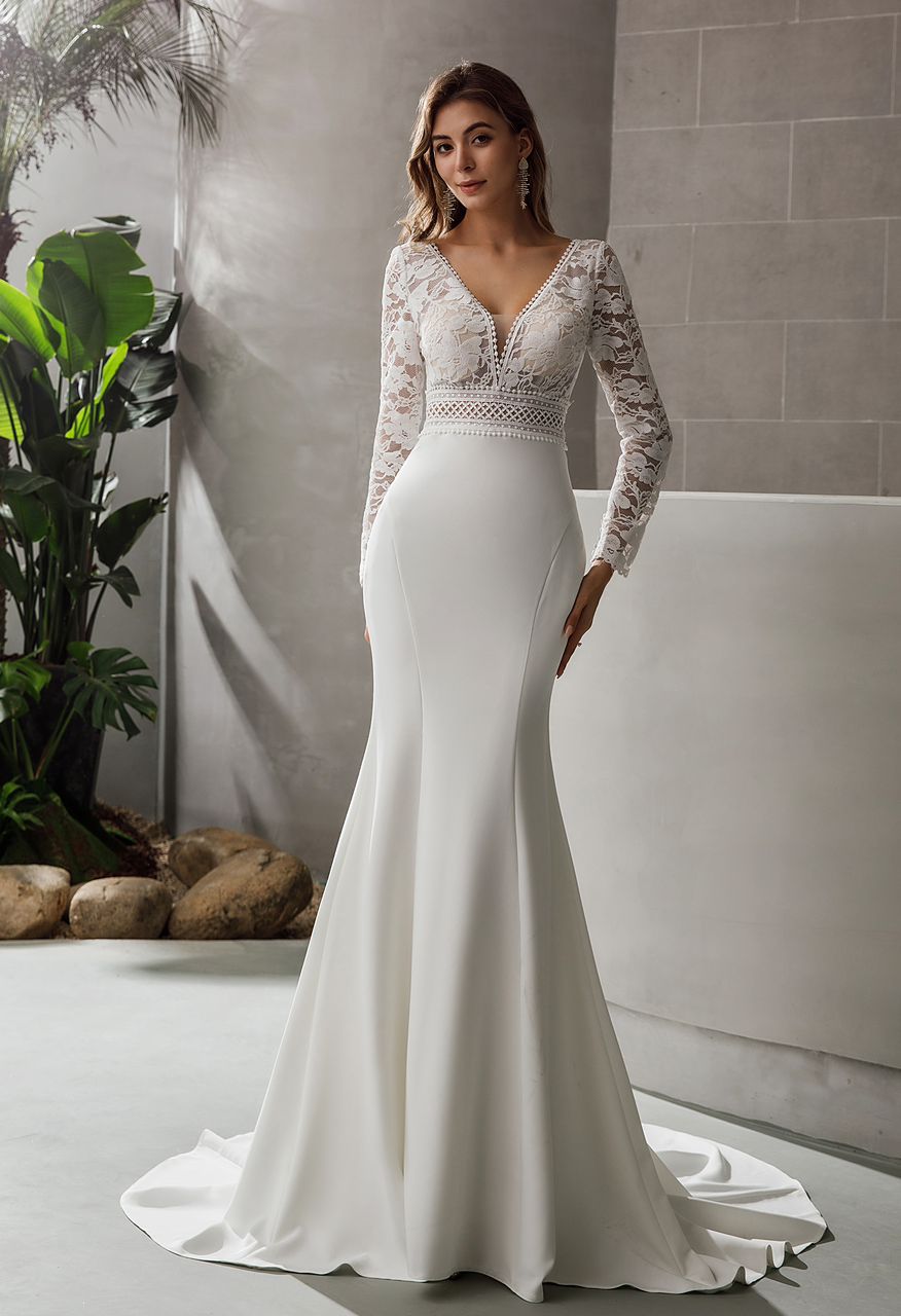 RITA Boho Fit and flare gown with lace bodice and long sleeves. - Reflections Bridal Studio