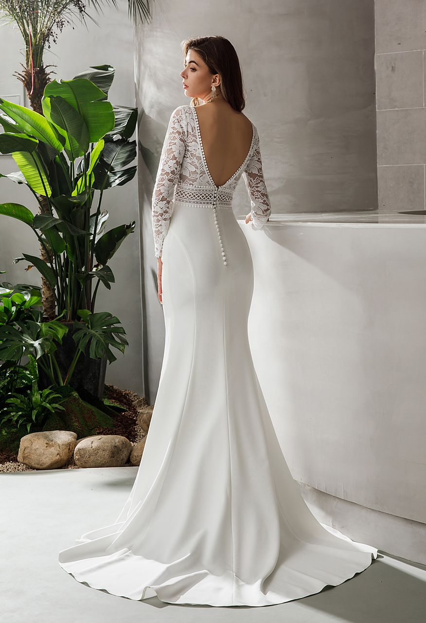 RITA Boho Fit and flare gown with lace bodice and long sleeves. - Reflections Bridal Studio
