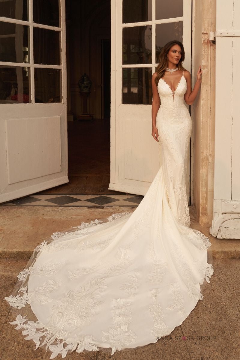 SIVA Beaded lace fit and flare with optional shoulder capes - Reflections Bridal Studio