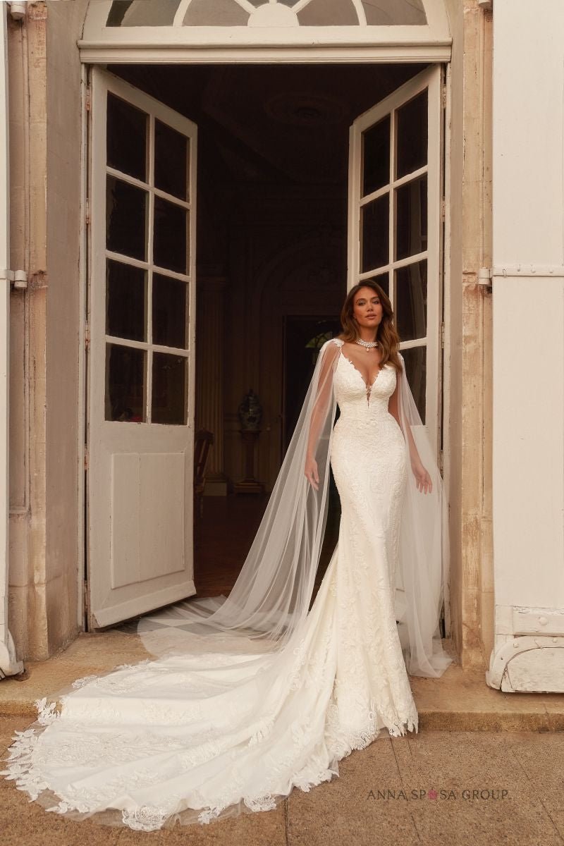 SIVA Beaded lace fit and flare with optional shoulder capes - Reflections Bridal Studio