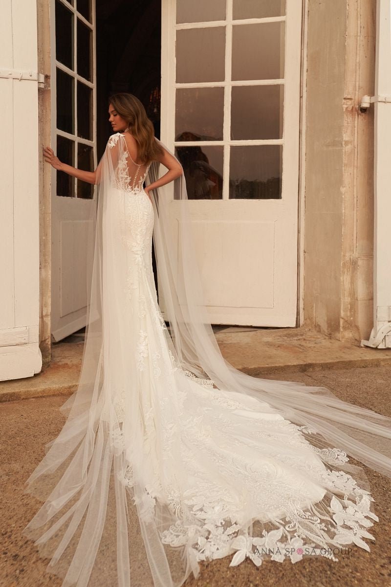 SIVA Beaded lace fit and flare with optional shoulder capes - Reflections Bridal Studio