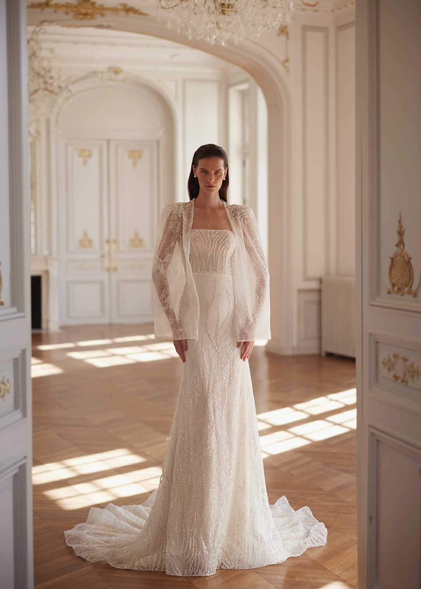 VARDA Beaded lace wedding dress with ootional cape - Reflections Bridal Studio