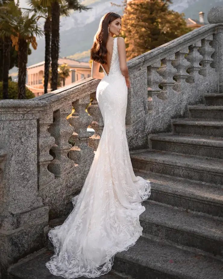 YANA deep V neckline fitted beaded leafy lace - Reflections Bridal Studio