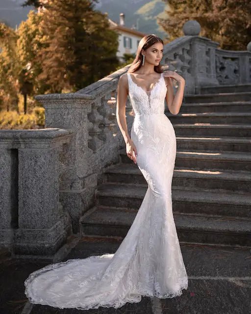 YANA deep V neckline fitted beaded leafy lace - Reflections Bridal Studio