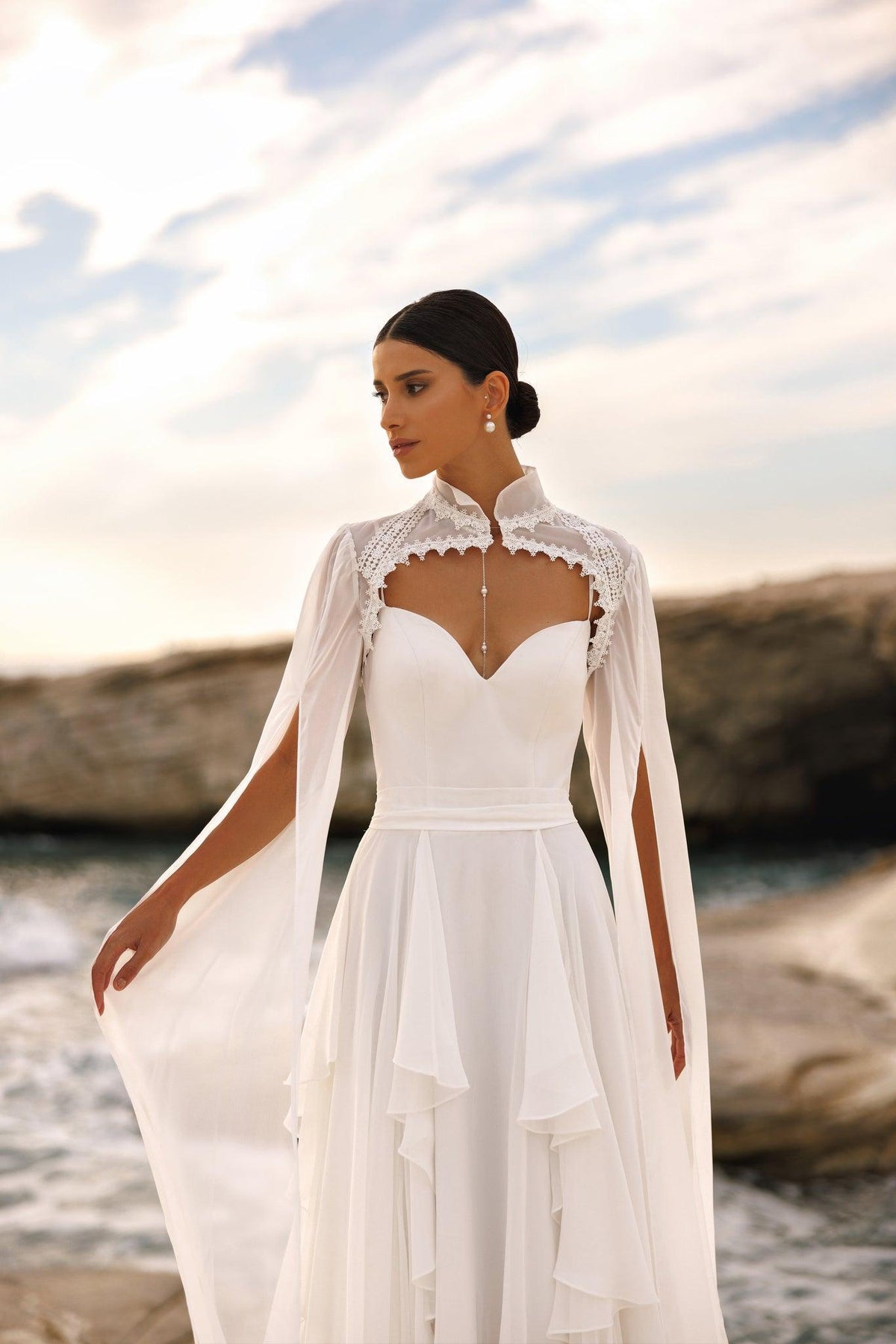 ZINNIA Chiffon gown with ruffle skirt and detachable jacket - Reflections Bridal Studio
