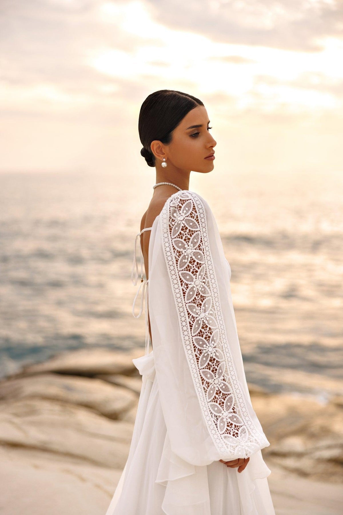 ZINNIA Chiffon gown with ruffle skirt and detachable jacket - Reflections Bridal Studio