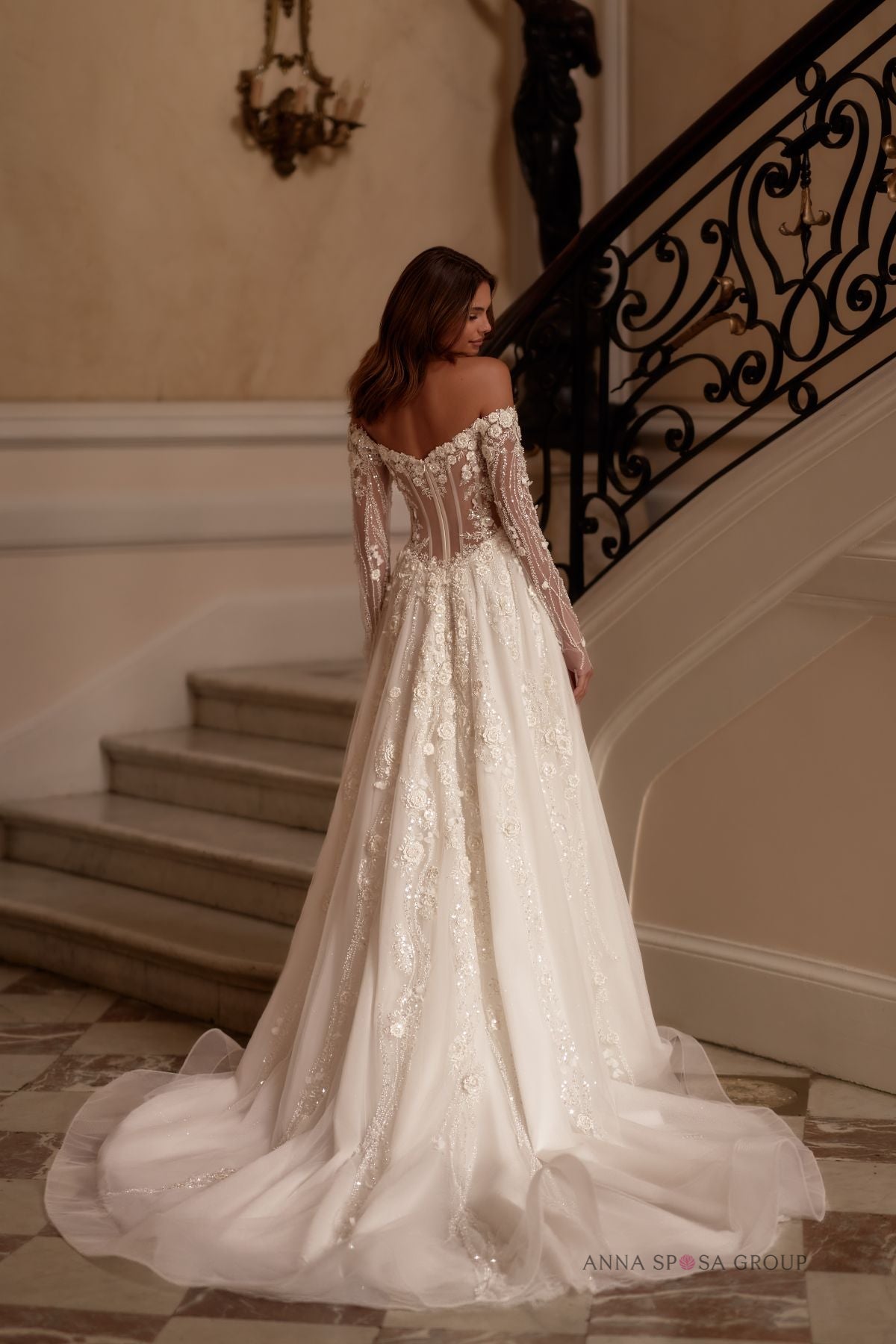 ZINNIA Long detachable sleeves on a floral A - line gown - Reflections Bridal Studio
