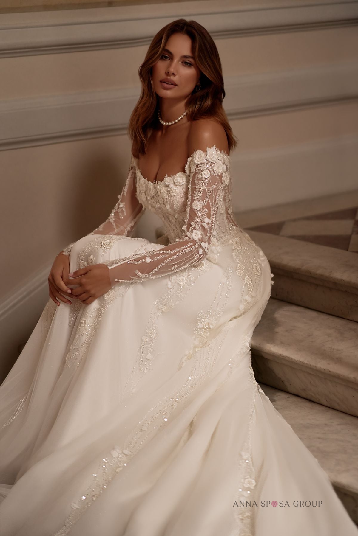 ZINNIA Long detachable sleeves on a floral A - line gown - Reflections Bridal Studio