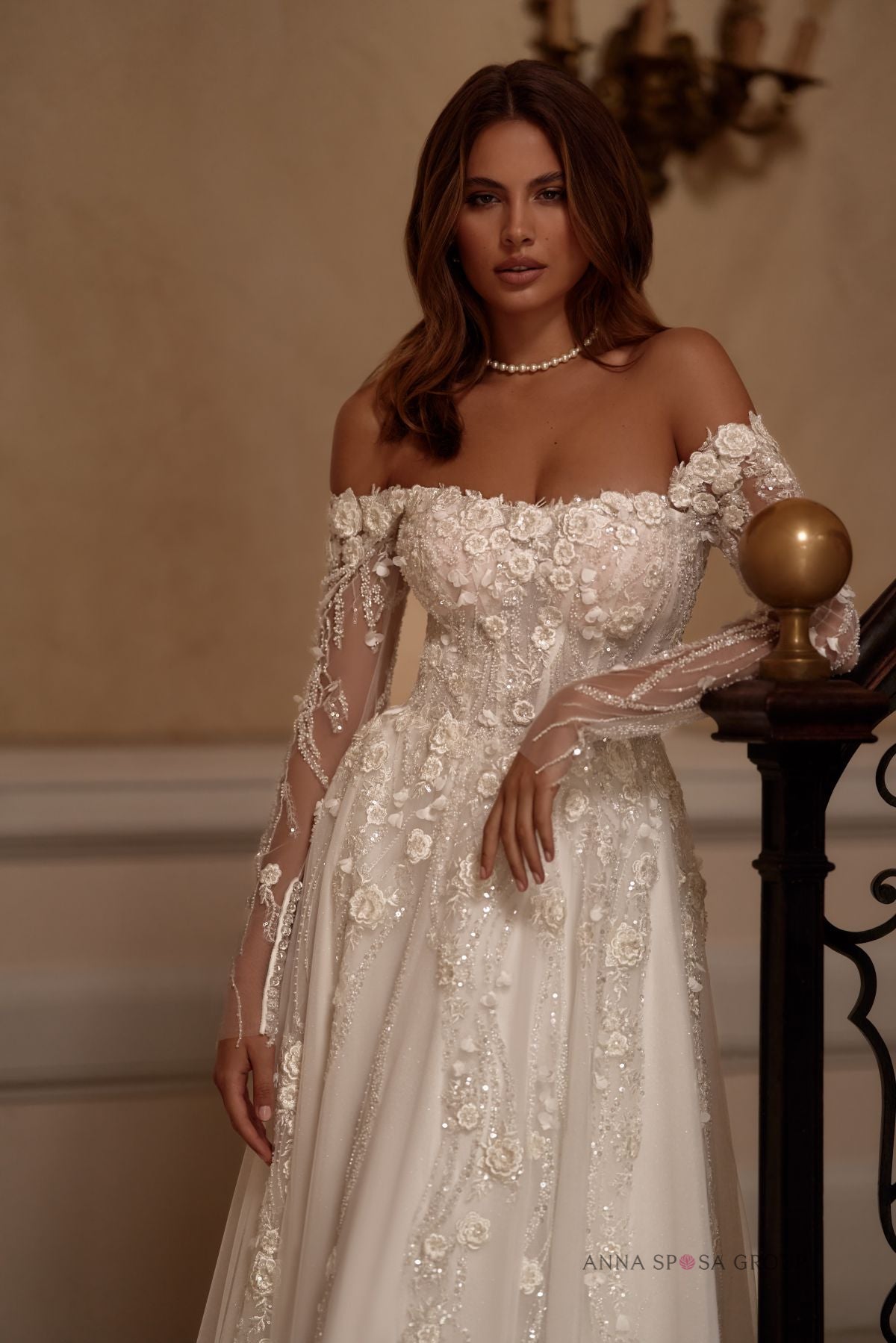ZINNIA Long detachable sleeves on a floral A - line gown - Reflections Bridal Studio
