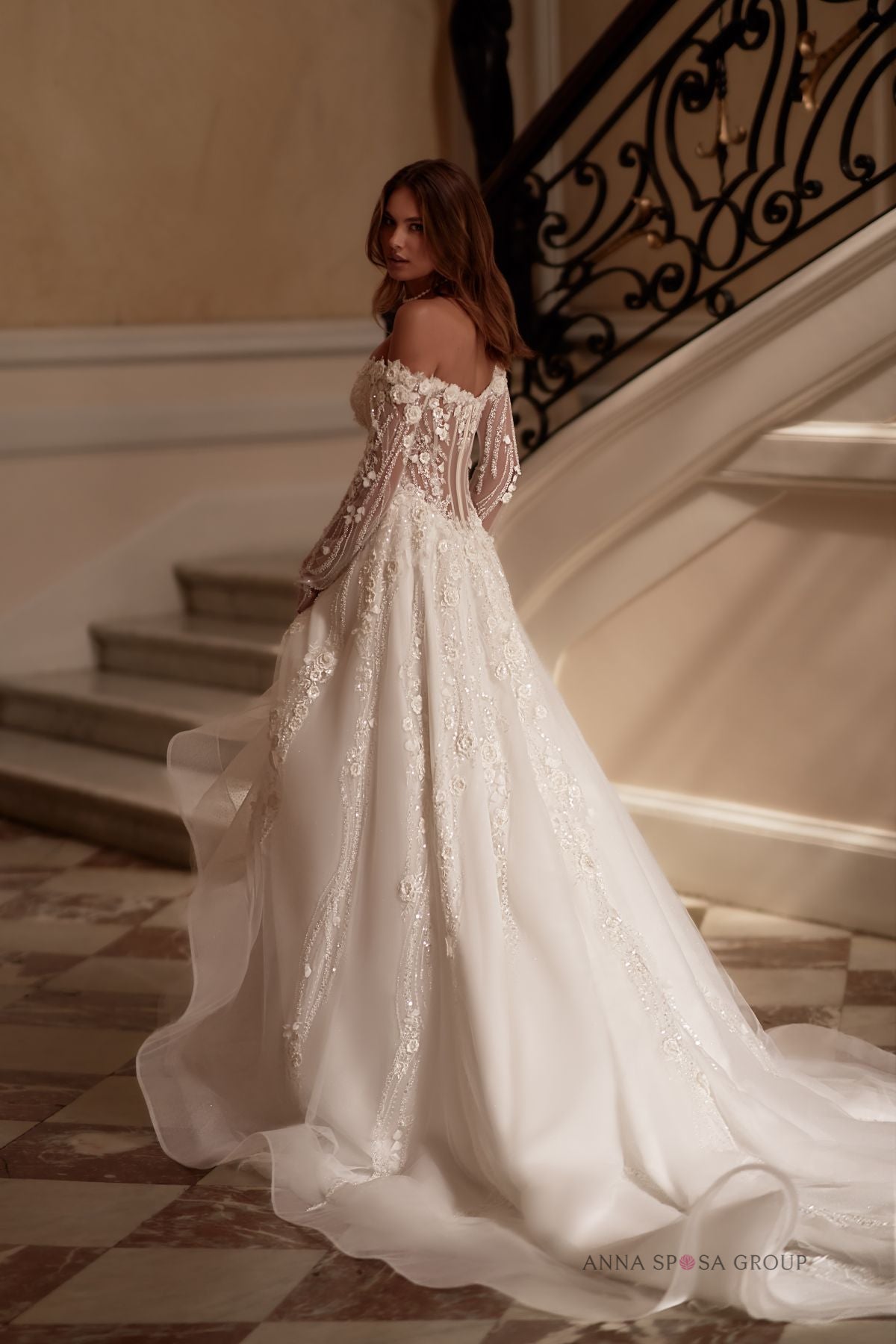 ZINNIA Long detachable sleeves on a floral A - line gown - Reflections Bridal Studio