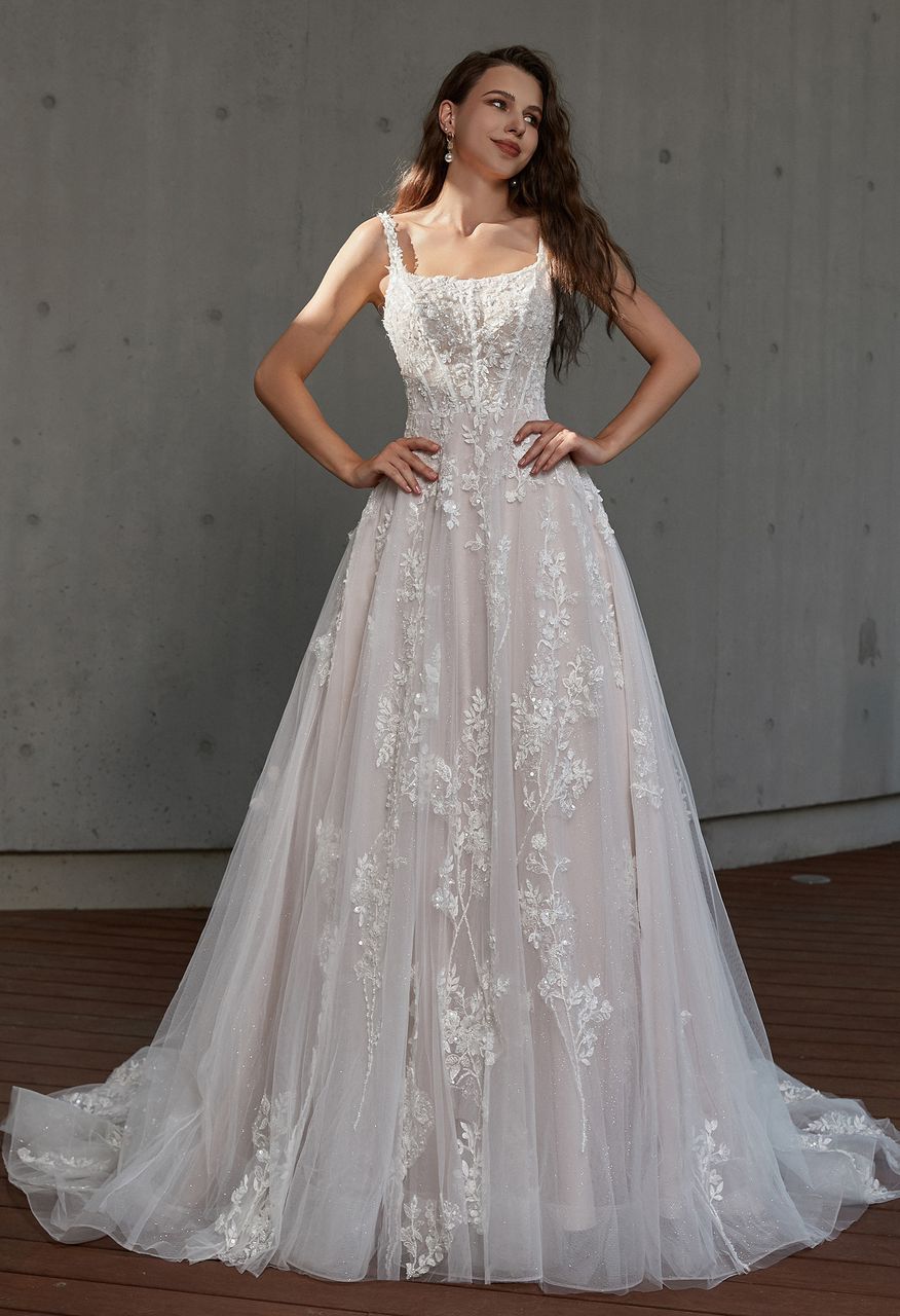 ZOEY Petite. Square neckline on a sparkling lace & tulle gown - Reflections Bridal Studio