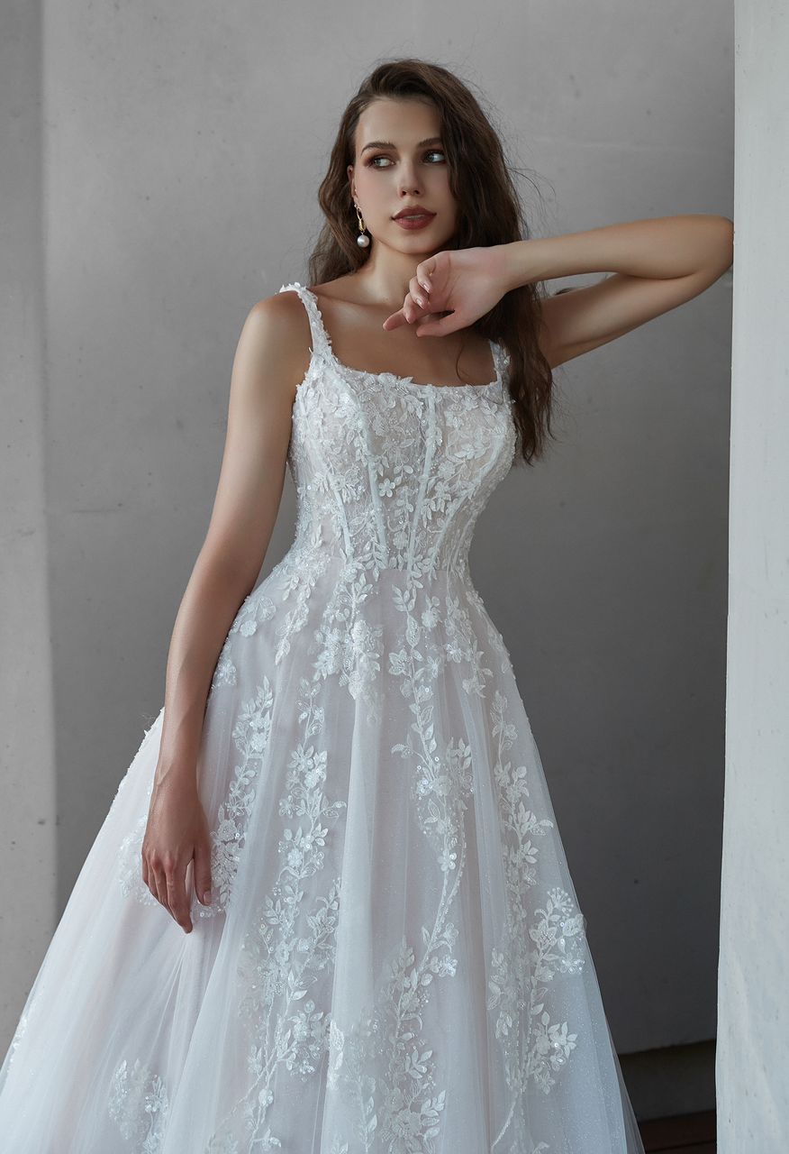 ZOEY Petite. Square neckline on a sparkling lace & tulle gown - Reflections Bridal Studio