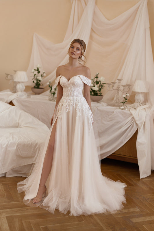 ALICIA A-line  off-the-shoulder lace & tulle gown