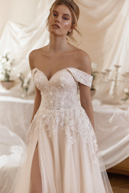 ALICIA A-line  off-the-shoulder lace & tulle gown