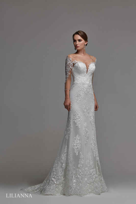 LILIANNA - Beaded lace slim A-line with long illusion sleeves