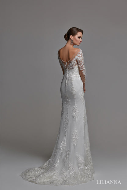 LILIANNA - Beaded lace slim A-line with long illusion sleeves