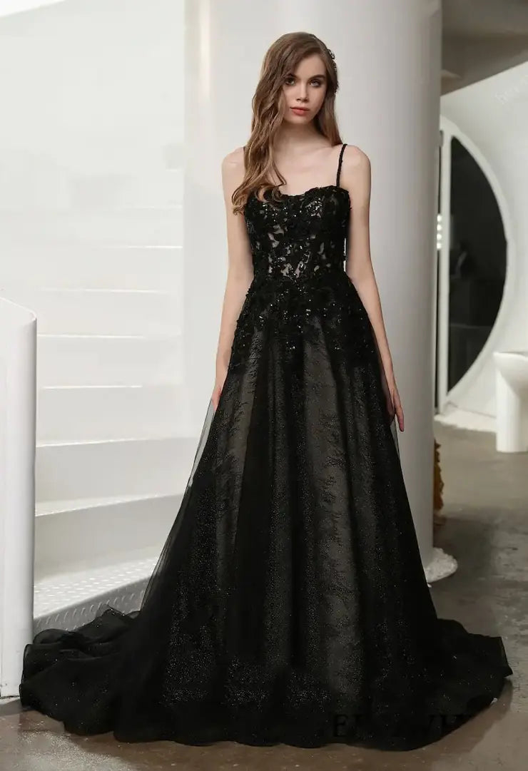 Elizabeth Black lace wedding dress with detachable long sleeves