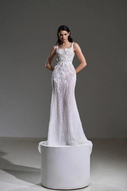 NANCI Fitted beaded gown with optional detachable train