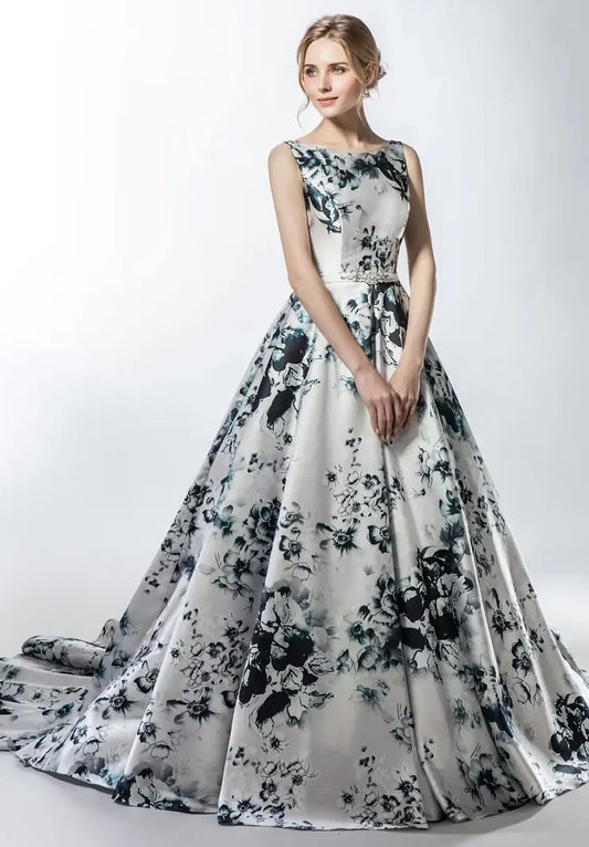 Fantasy  A pleated A-line skirt and round neck bodice in bold Floral pattern