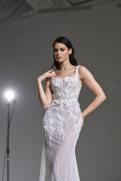 NANCI Fitted beaded gown with optional detachable train