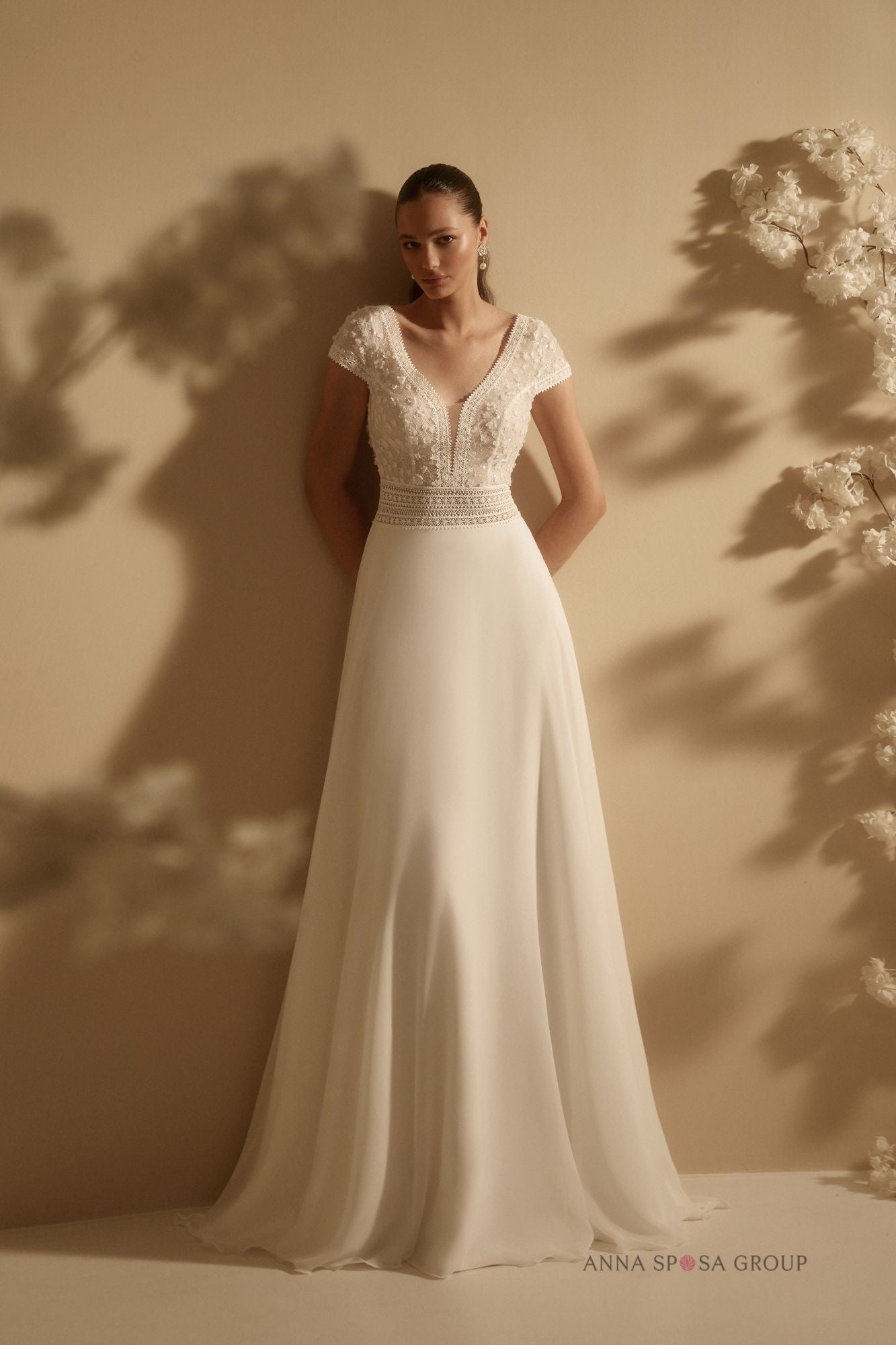 ADRIATA A-line chiffon and lace gown