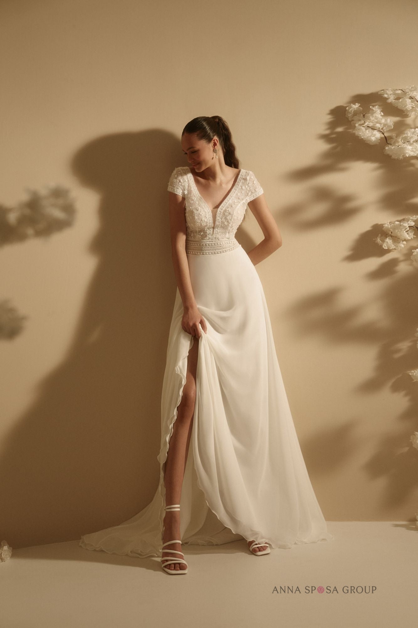 ADRIATA A-line chiffon and lace gown