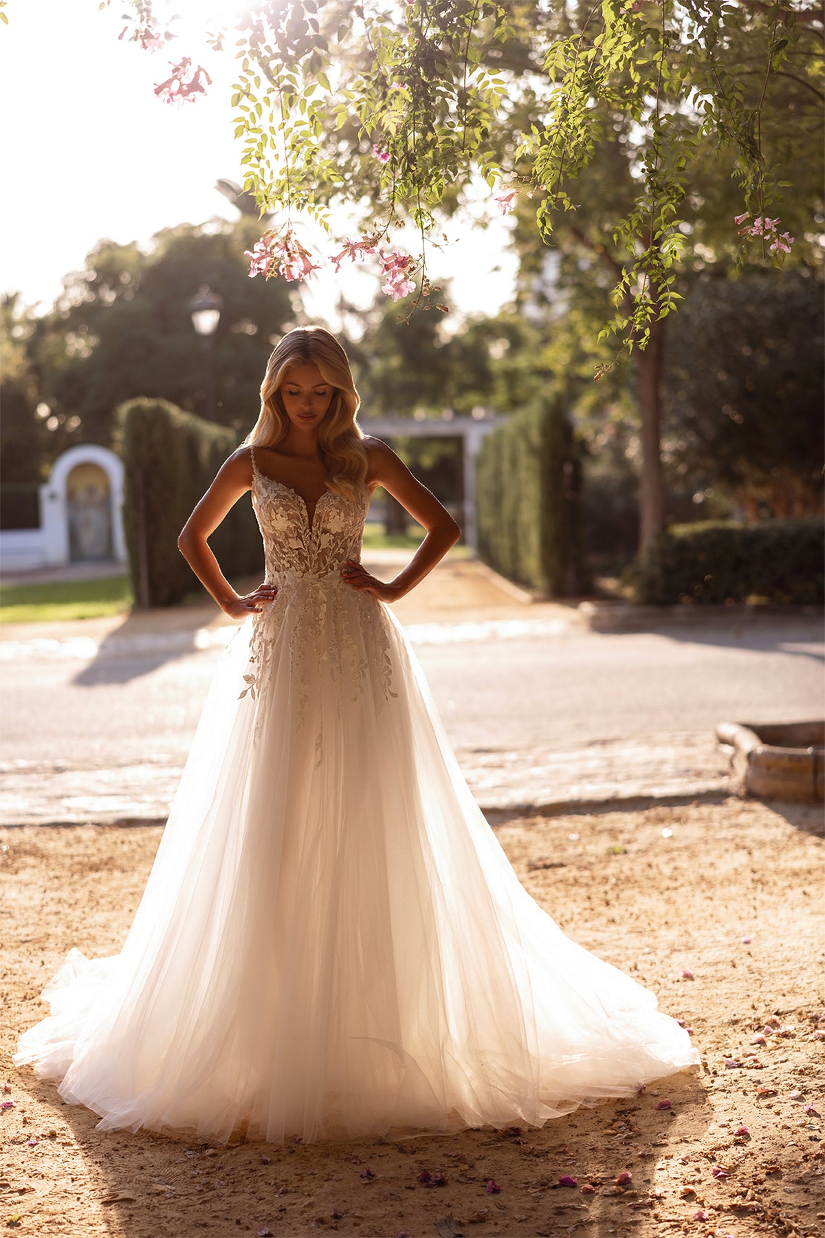 #DELILA A-line lace appliqués on tulle with sweetheart neckline