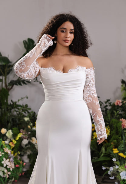 #HALLIE Crepe fit & flare with eyelash lace trim