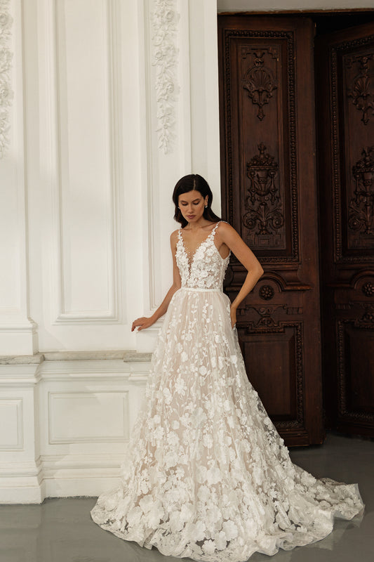 LISET All over floral lace A-line gown