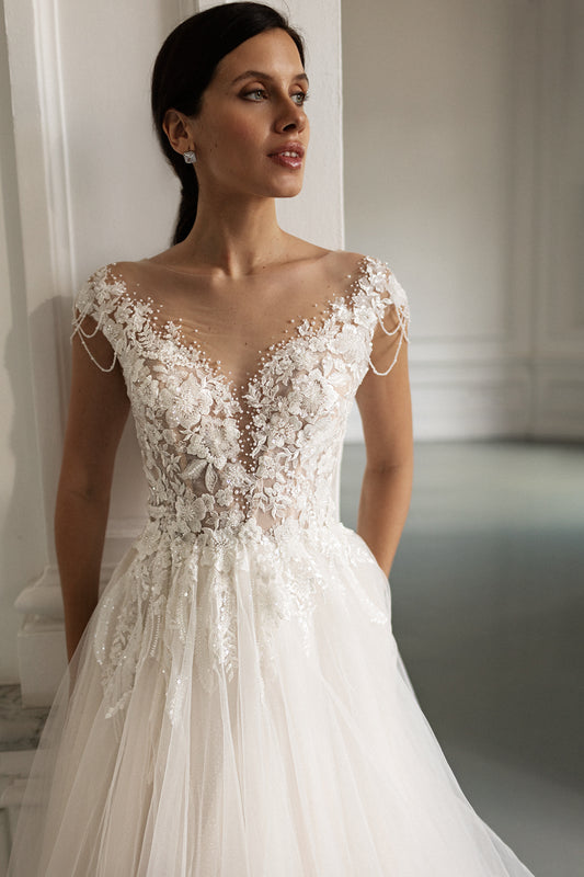 KATIE Beaded off-the-shoulder bodice. Tulle skirt
