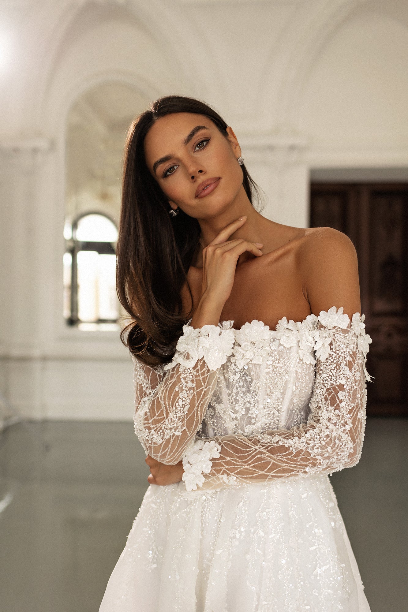 TATIN Bardot neckline long sleeves A line skirt Reflections Bridal Studio