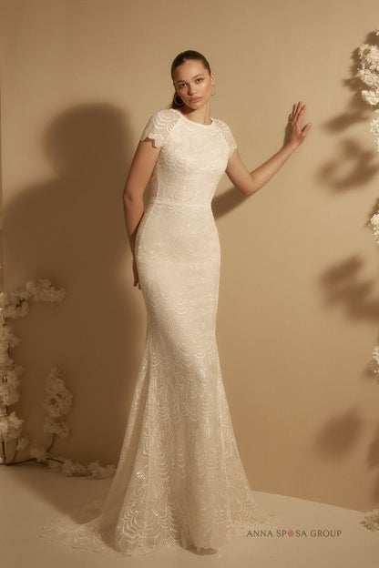 MERYANN Fitted gown with cap sleeves in delicate lace